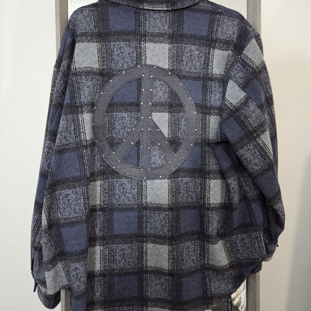 Navy Plaid Button Down Shirt with Peace Sign